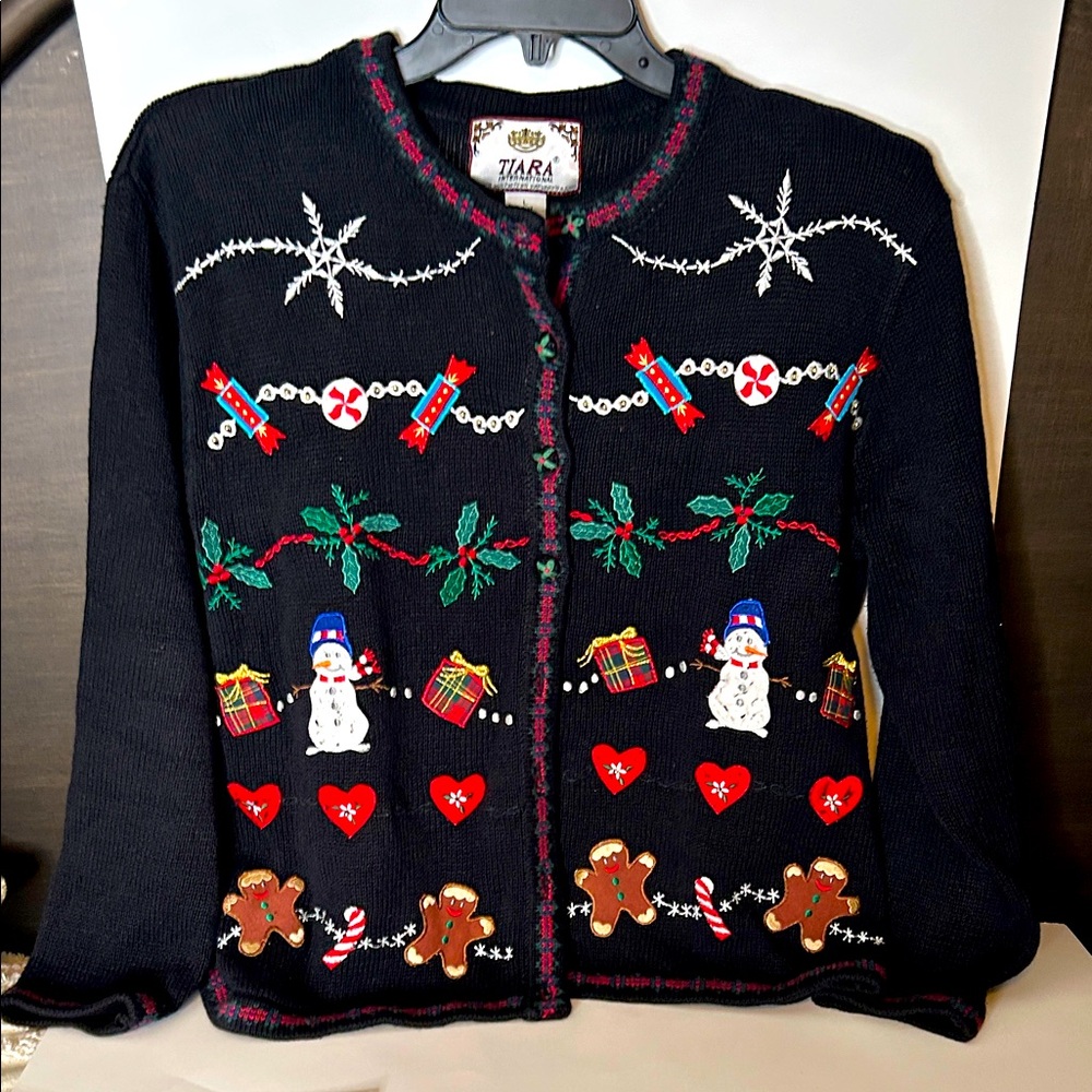 Tiara Festive Black Christmas Holiday Cardigan Button- up Size Large